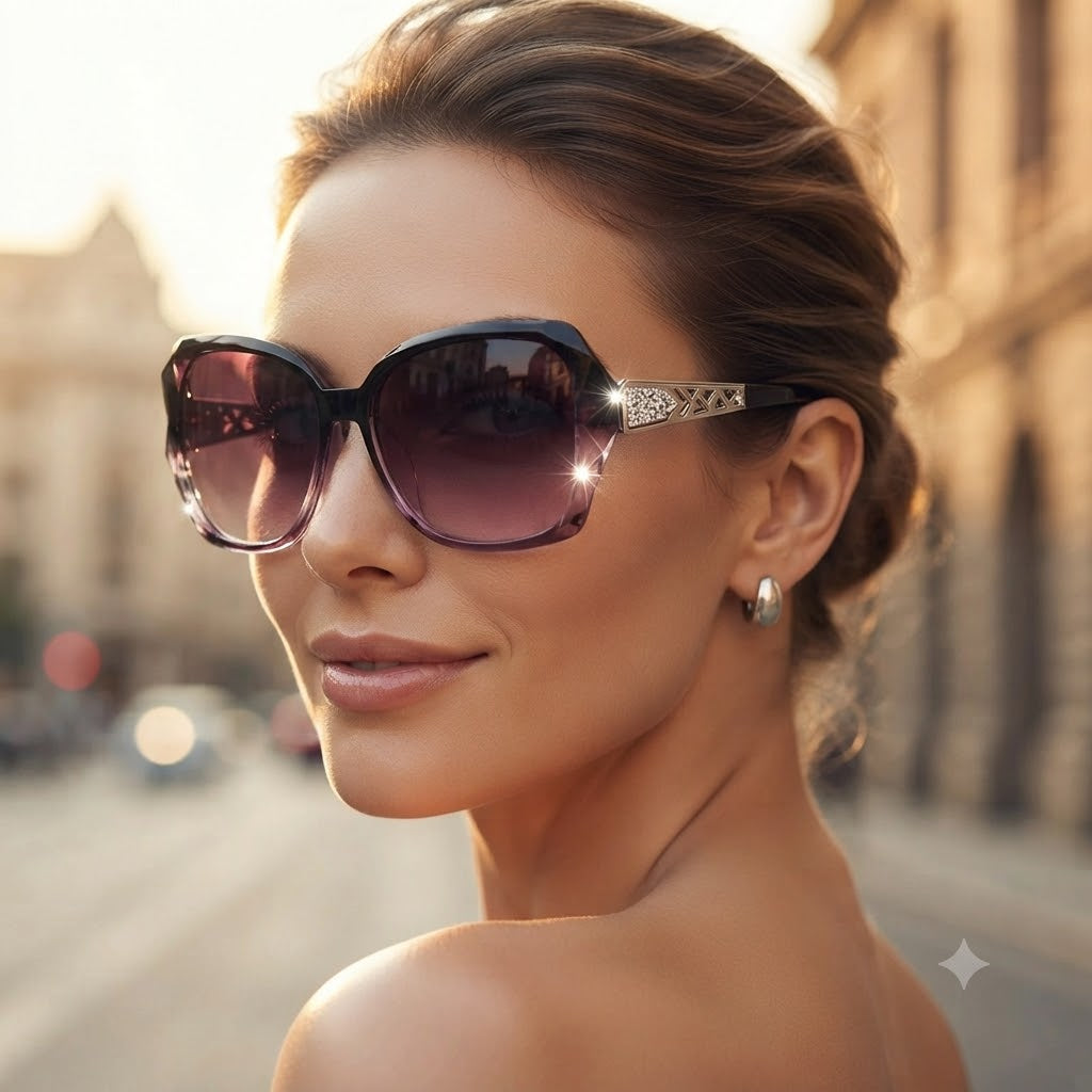 nouva Oversized Square Sunglasses Women | Crystal Temple Detail | Gradient Purple UV400 Shades | Luxury Designer Style