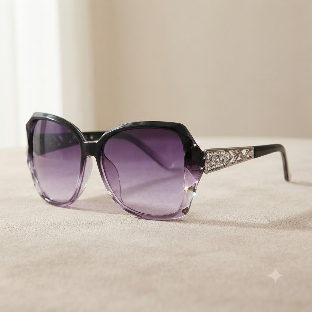 nouva Oversized Square Sunglasses Women | Crystal Temple Detail | Gradient Purple UV400 Shades | Luxury Designer Style
