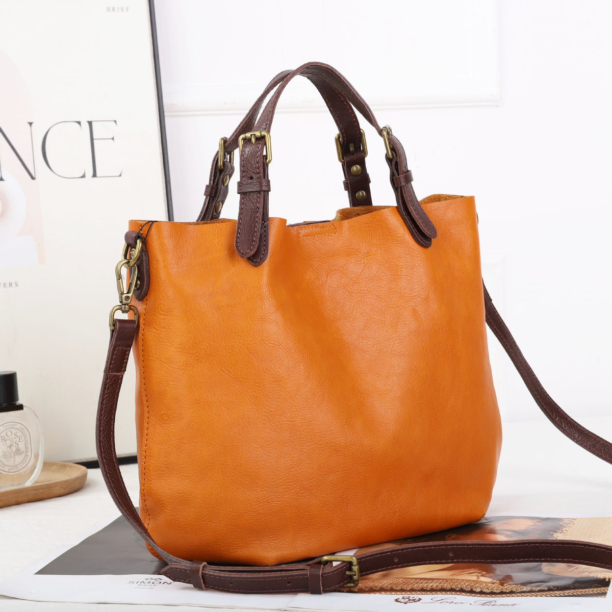 Women's Genuine Leather Tote Bag in black - product photo 8