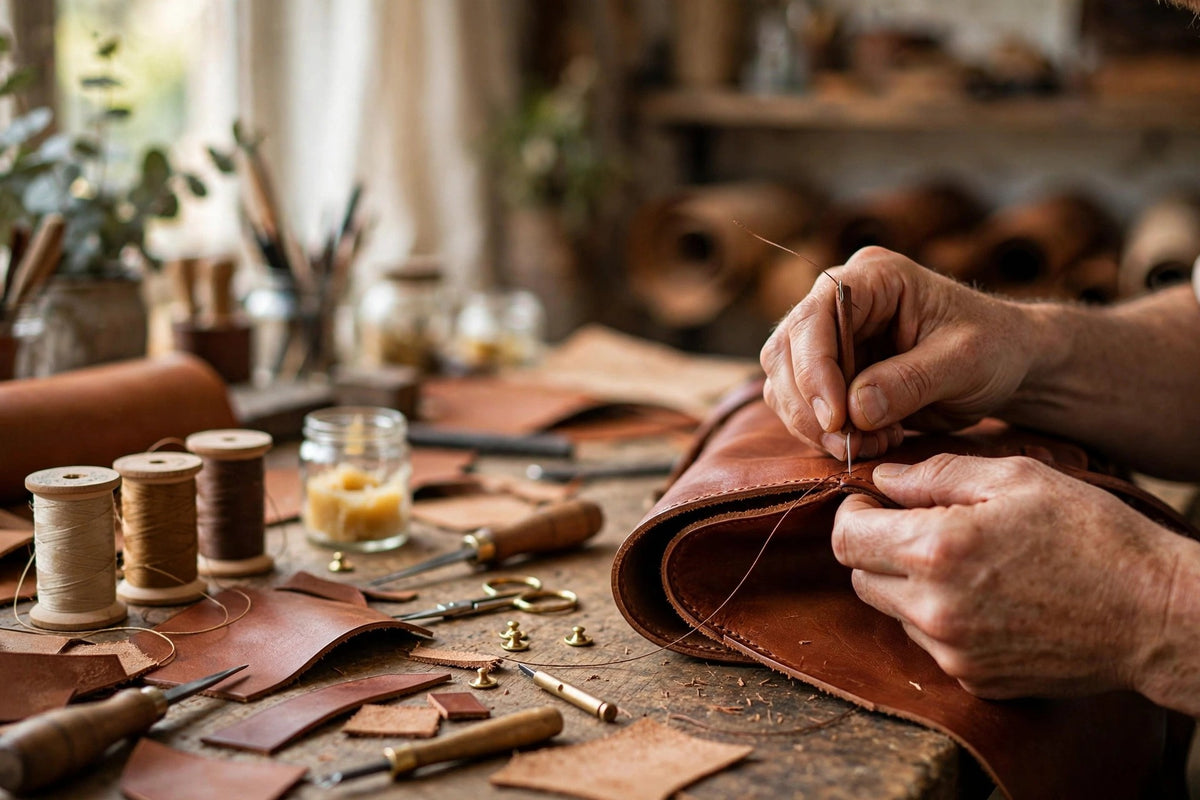 Close-up of hands stitching premium leather in the Nouva atelier