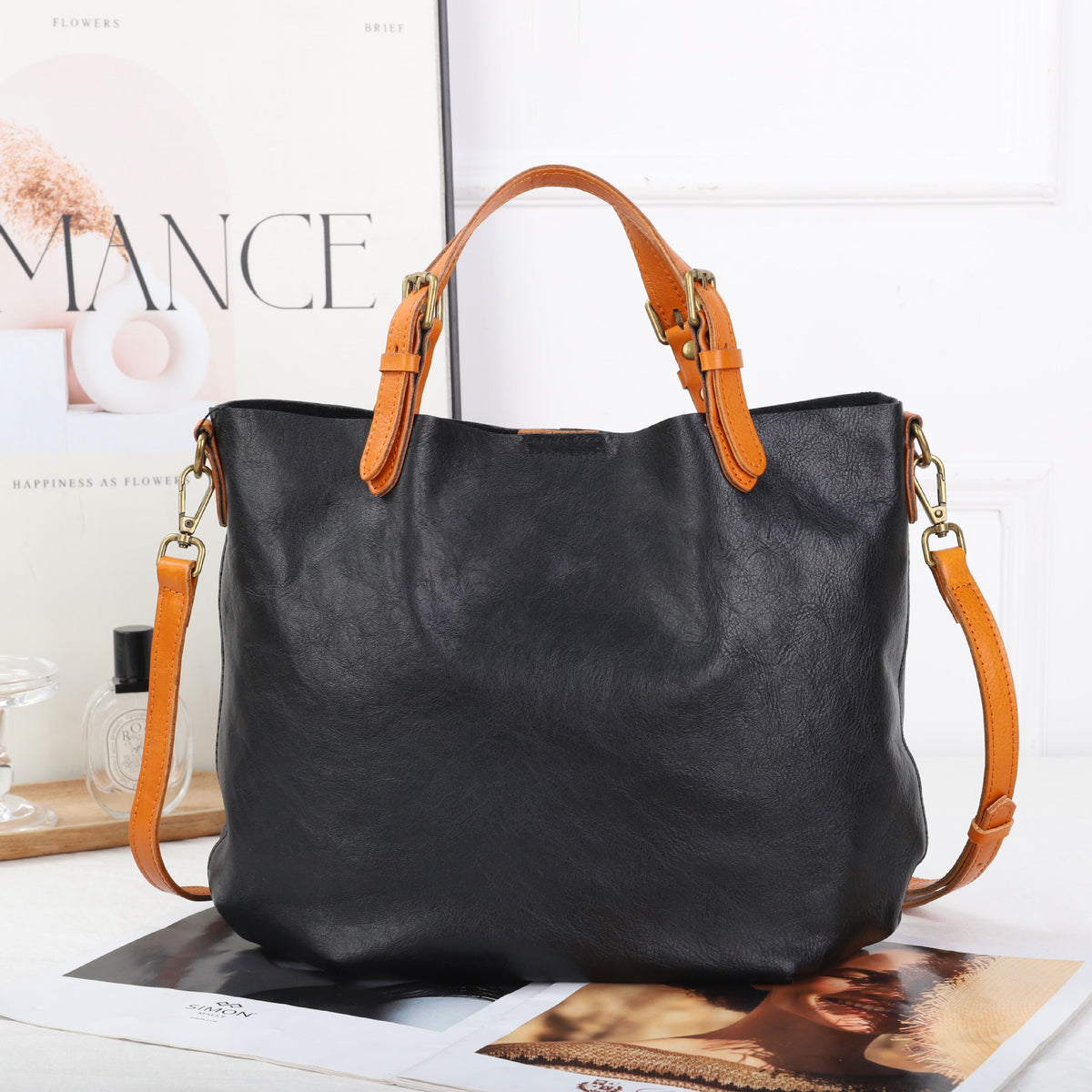 Women's Genuine Leather Tote Bag in black - product photo 6