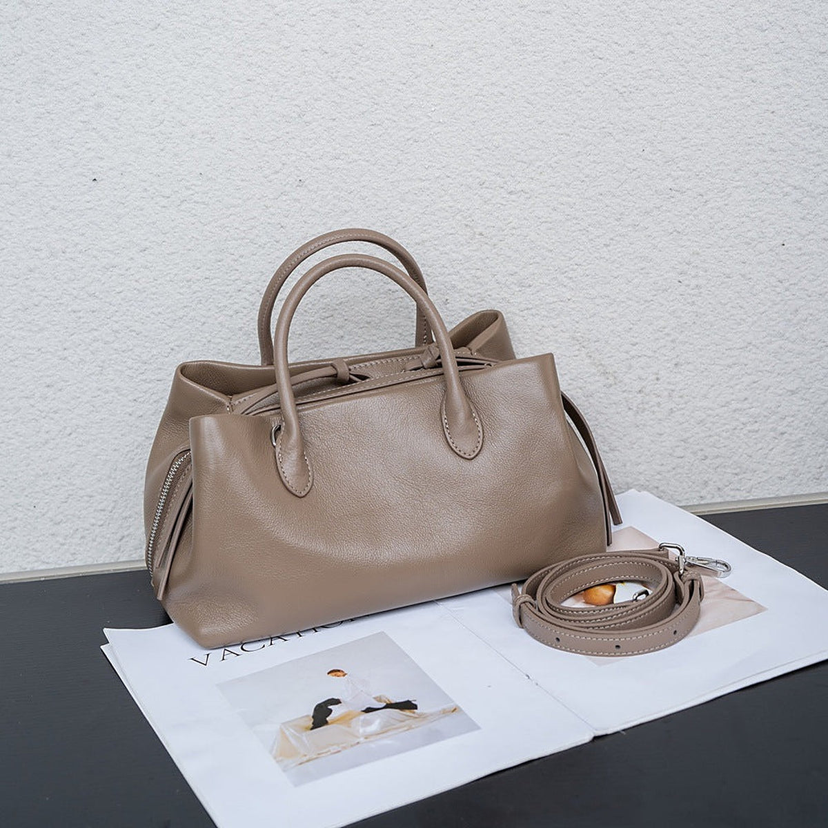 Women's Genuine Leather Tote Bag in khaki - product photo 1