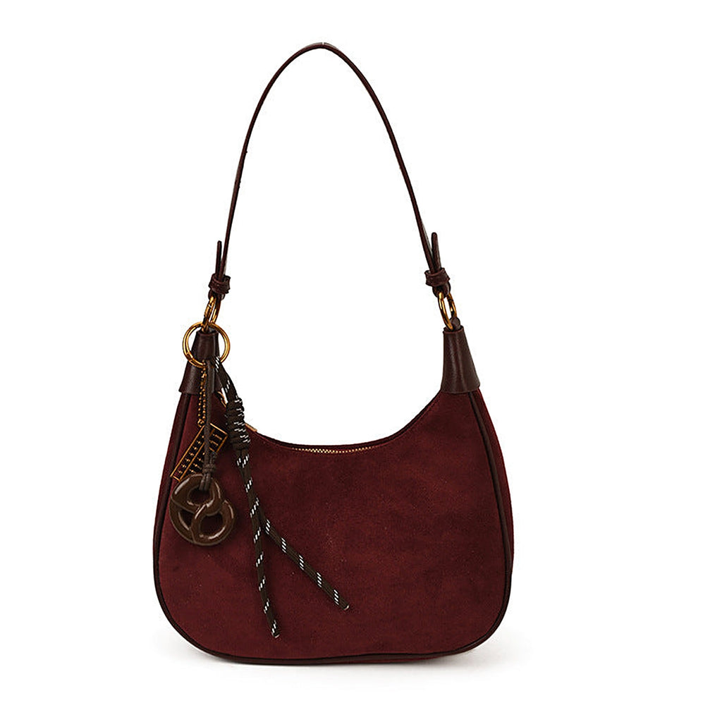 Suede Underarm Bag in Wine Red with pendant