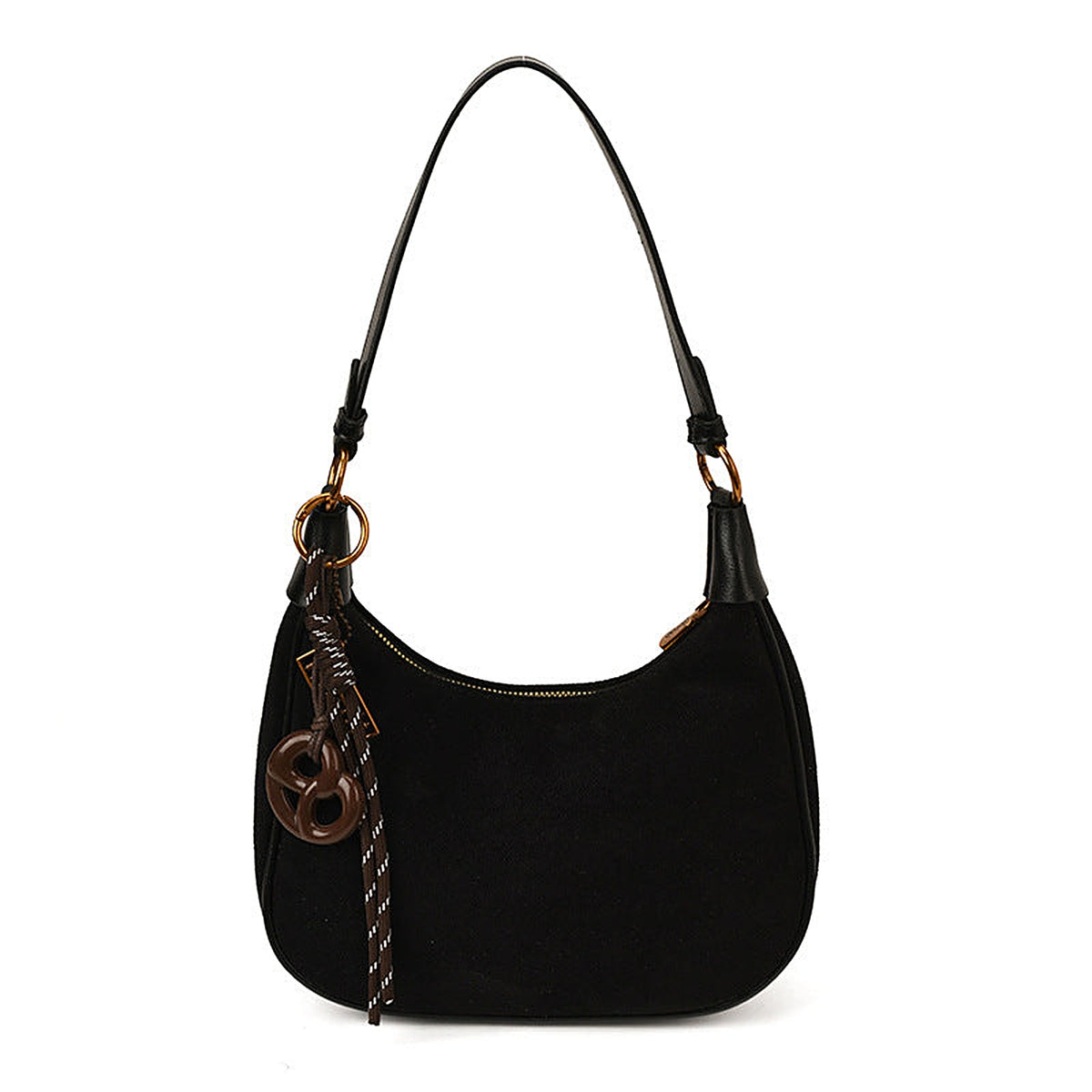 Suede Underarm Bag in Black with pendant